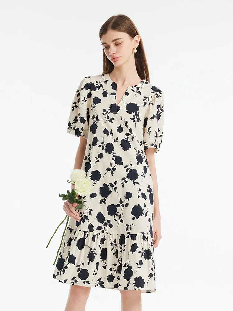 Rose Printed Puff Sleeves Women Mini Dress With Belt