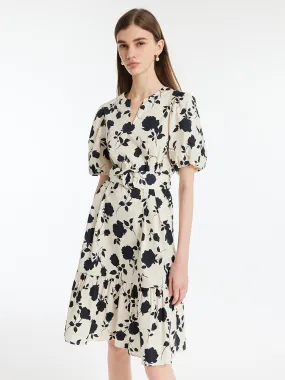 Rose Printed Puff Sleeves Women Mini Dress With Belt