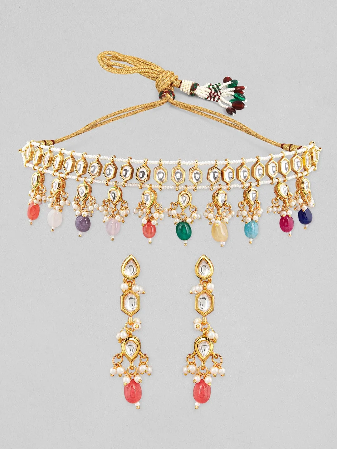 Rubans Gold Plated Kundan Choker Set With Ad And Multicolour Beads And Pearls.