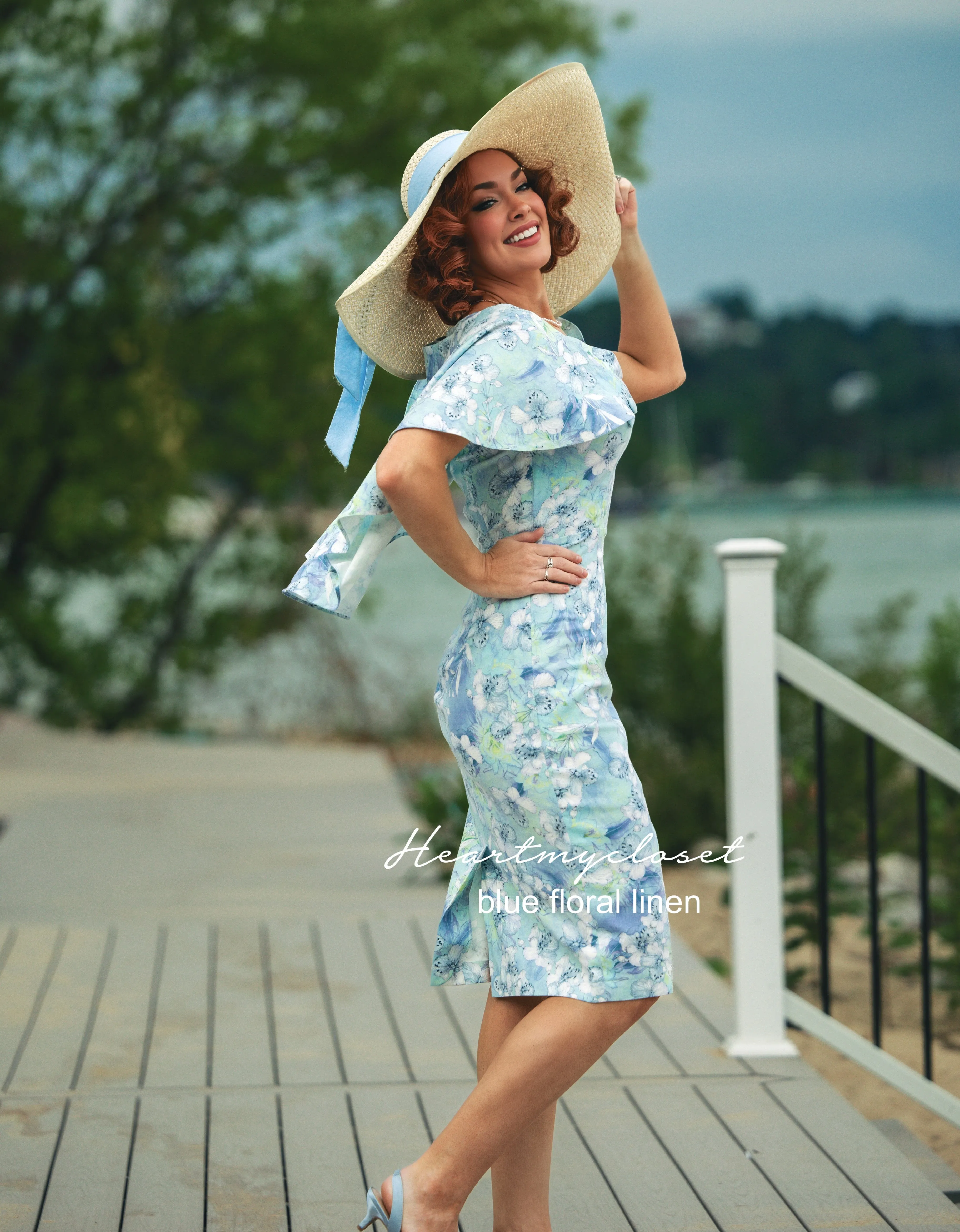 Sandra - blue floral linen 1950s pencil dress with matching cape