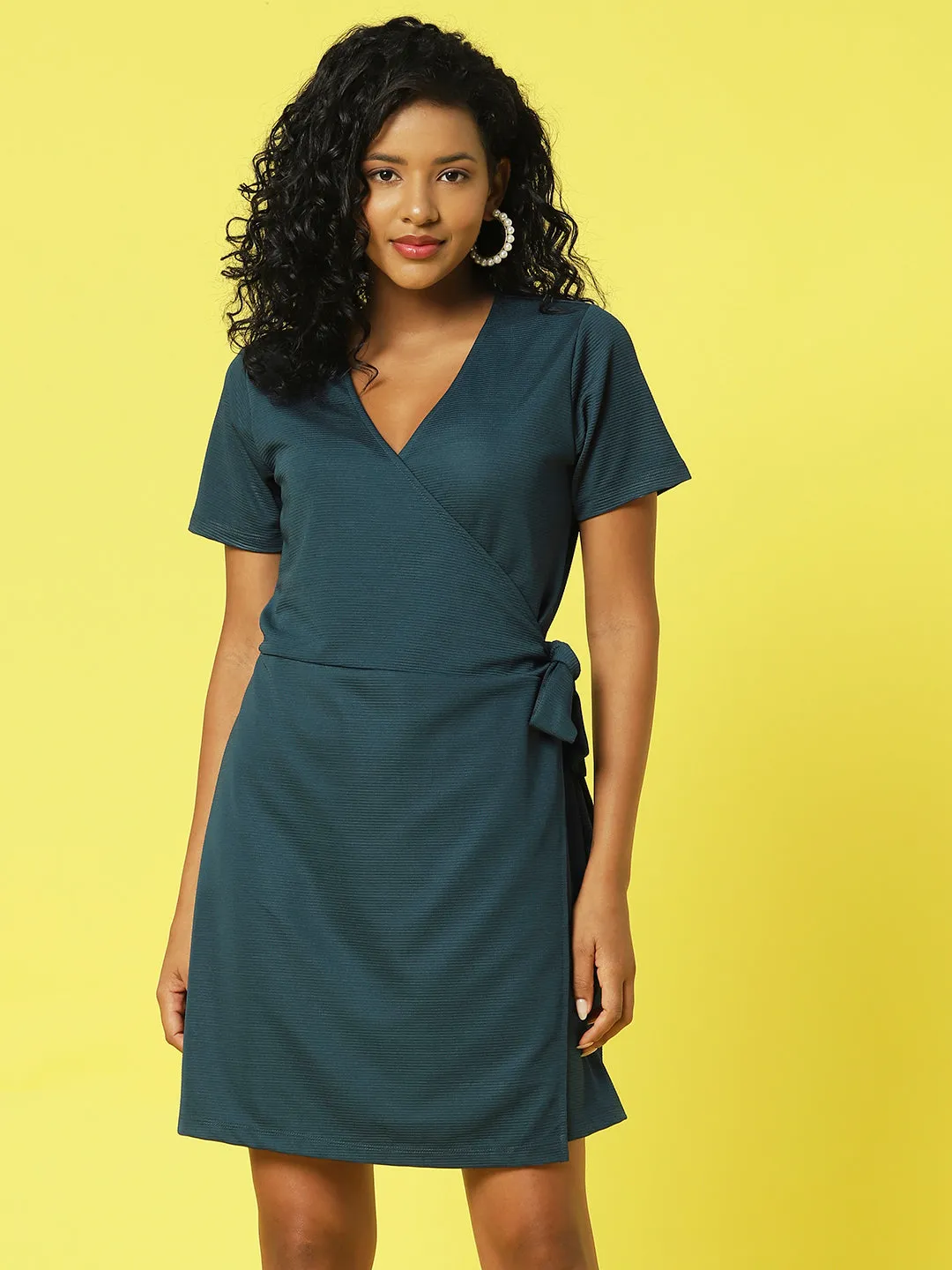 Self Textured Poly Corduroy Half Sleeves Wrap Dress With Belt