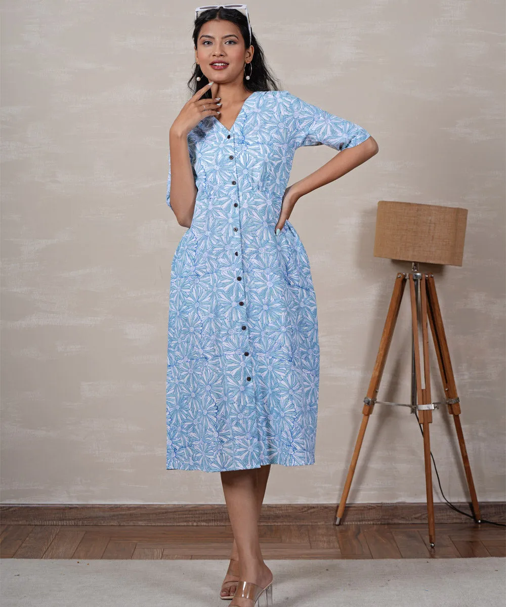 Sky blue handblock printed cotton floral dress