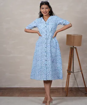 Sky blue handblock printed cotton floral dress