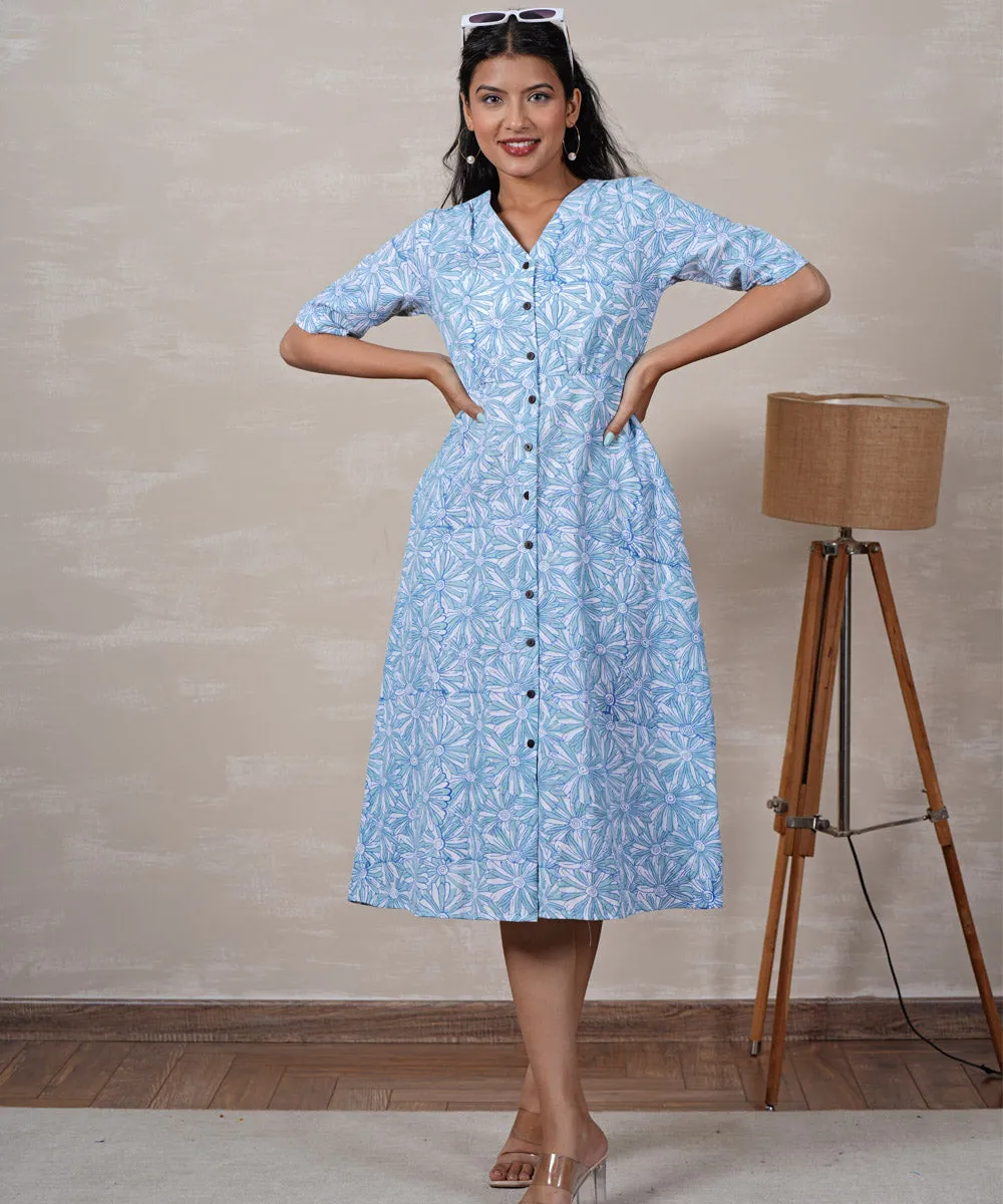 Sky blue handblock printed cotton floral dress