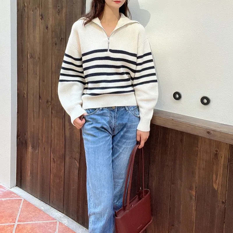 Soft Comfy Colour Block Stripes Polo Knitted Zip Pullover Sweater