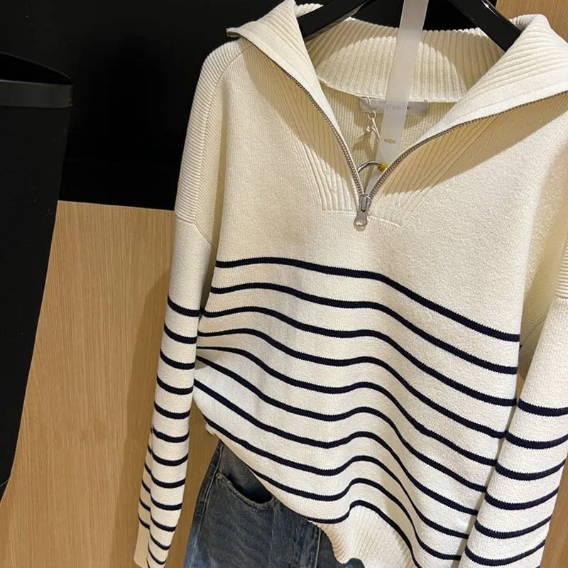 Soft Comfy Colour Block Stripes Polo Knitted Zip Pullover Sweater