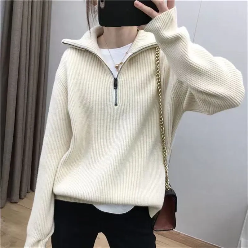 Soft Comfy Colour Block Stripes Polo Knitted Zip Pullover Sweater