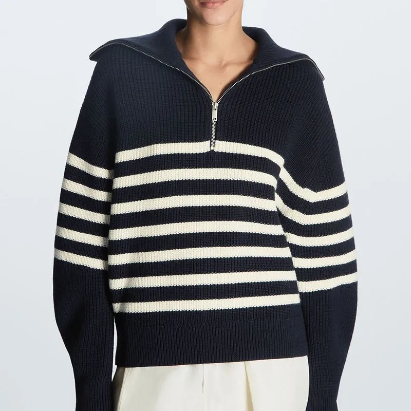 Soft Comfy Colour Block Stripes Polo Knitted Zip Pullover Sweater