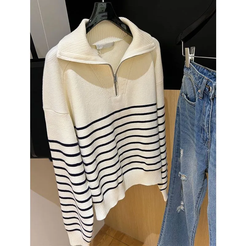 Soft Comfy Colour Block Stripes Polo Knitted Zip Pullover Sweater