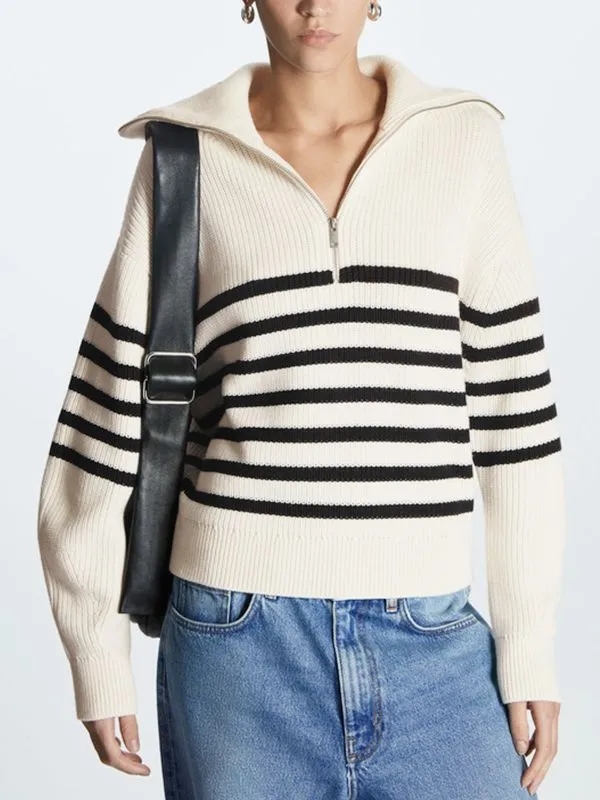 Soft Comfy Colour Block Stripes Polo Knitted Zip Pullover Sweater