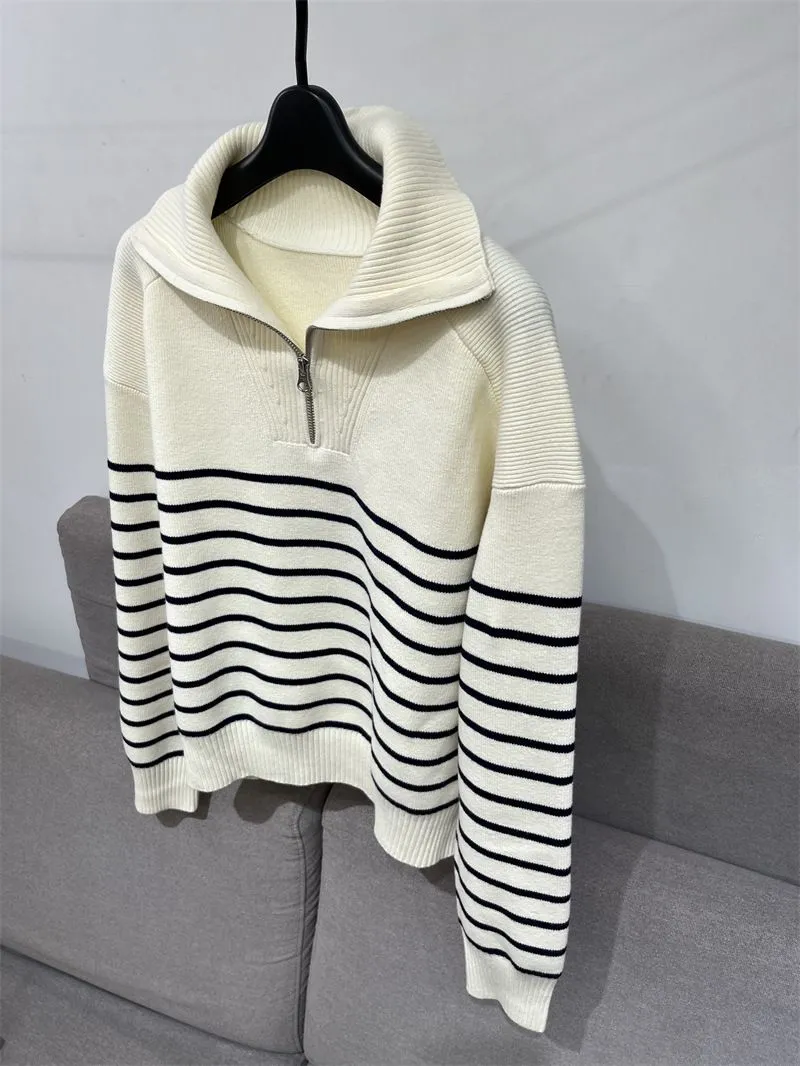 Soft Comfy Colour Block Stripes Polo Knitted Zip Pullover Sweater