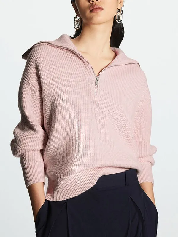 Soft Comfy Colour Block Stripes Polo Knitted Zip Pullover Sweater