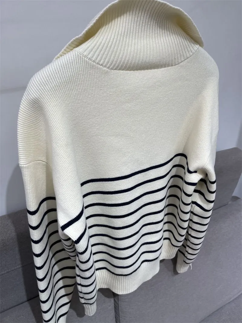 Soft Comfy Colour Block Stripes Polo Knitted Zip Pullover Sweater