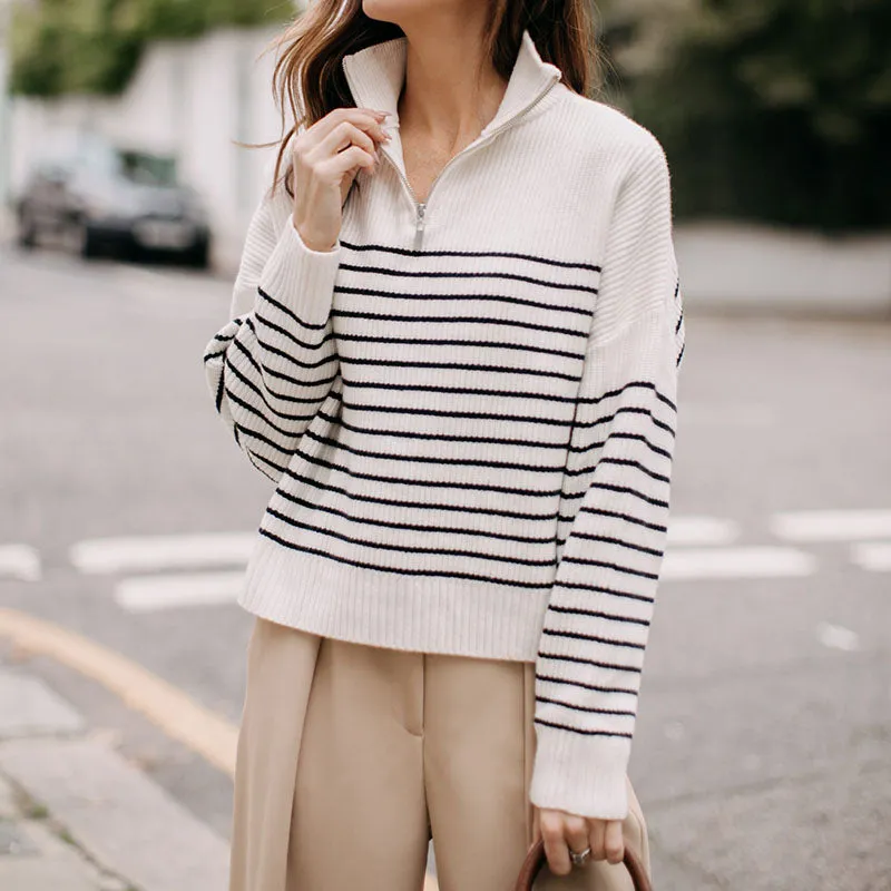 Soft Comfy Colour Block Stripes Polo Knitted Zip Pullover Sweater