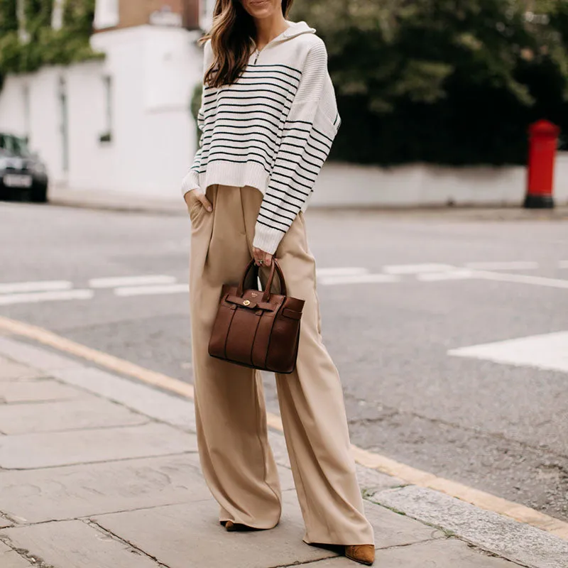 Soft Comfy Colour Block Stripes Polo Knitted Zip Pullover Sweater