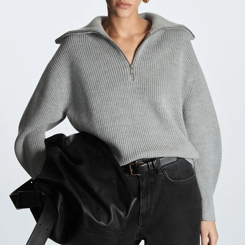 Soft Comfy Colour Block Stripes Polo Knitted Zip Pullover Sweater