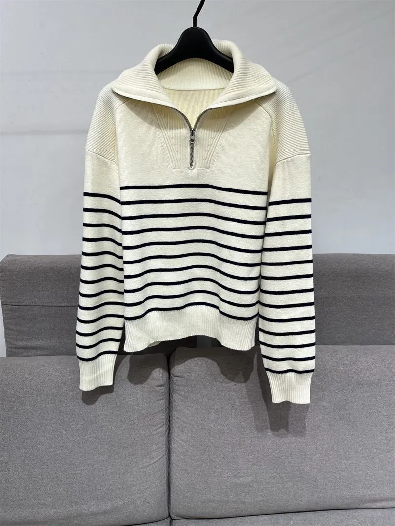 Soft Comfy Colour Block Stripes Polo Knitted Zip Pullover Sweater