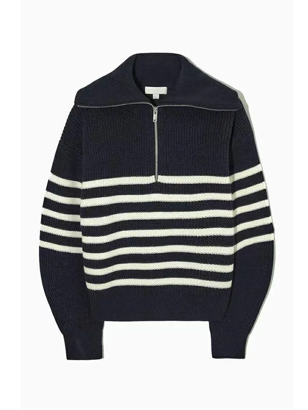 Soft Comfy Colour Block Stripes Polo Knitted Zip Pullover Sweater