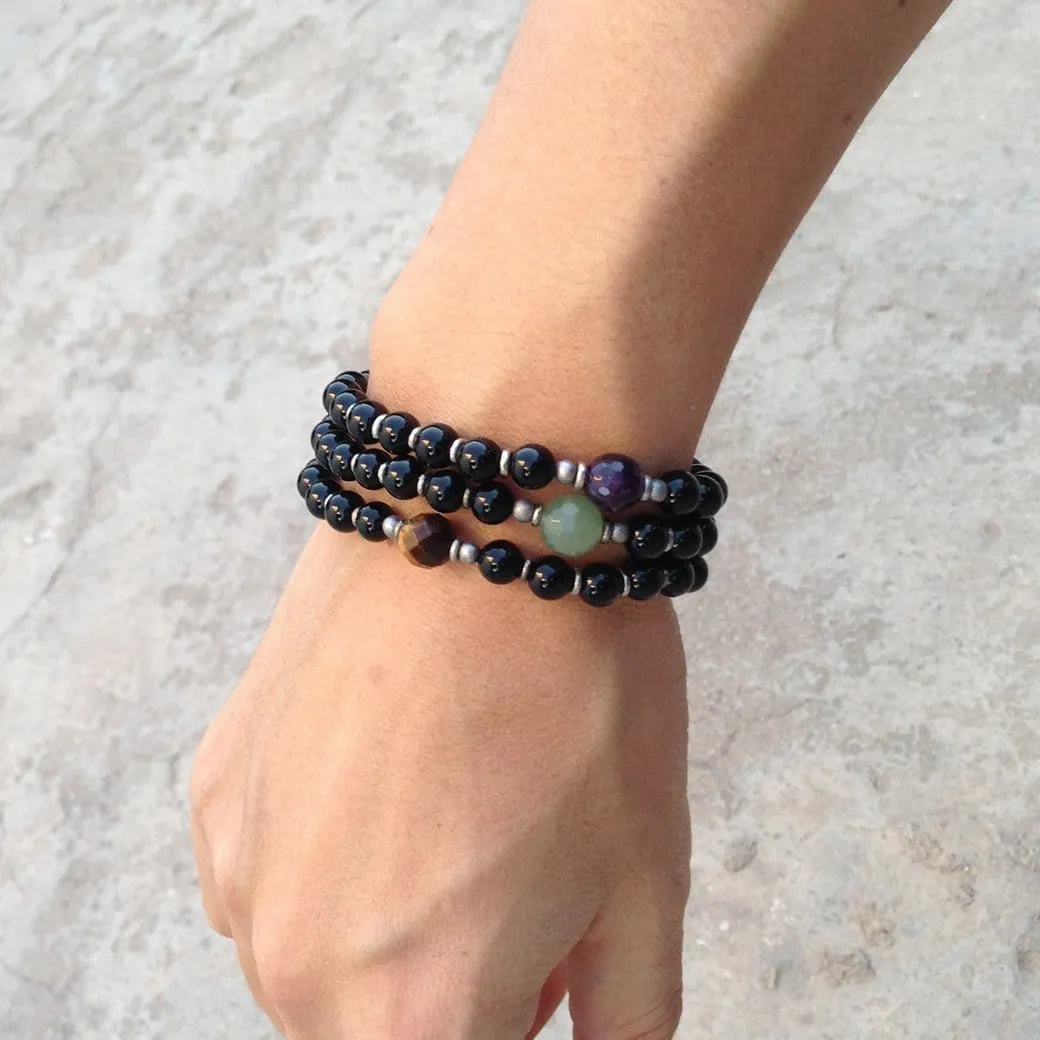 Soothing, Onyx Mala Bracelet Stack with Amethyst, Tiger's Eye and Aventurine Guru Beads