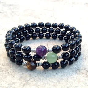 Soothing, Onyx Mala Bracelet Stack with Amethyst, Tiger's Eye and Aventurine Guru Beads