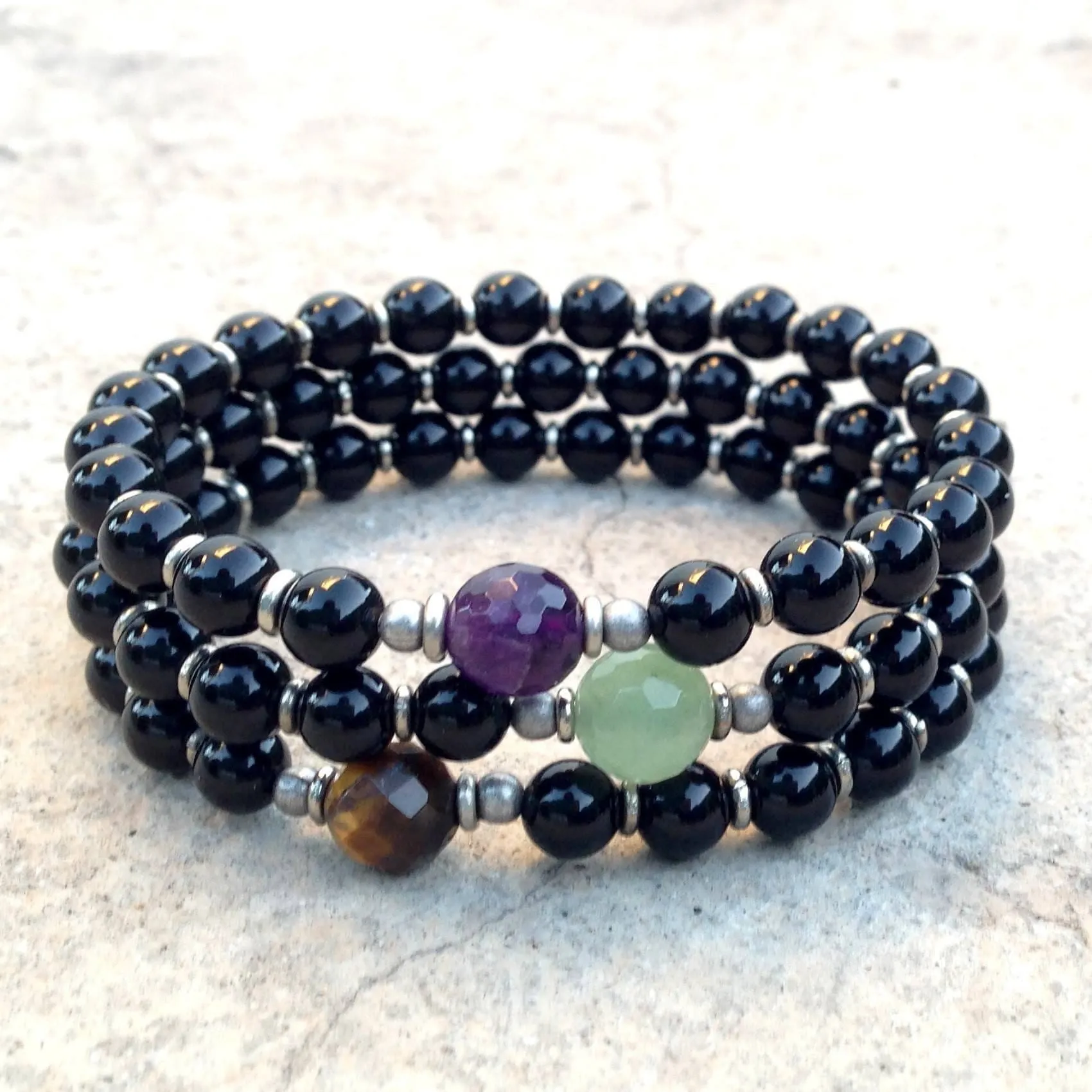 Soothing, Onyx Mala Bracelet Stack with Amethyst, Tiger's Eye and Aventurine Guru Beads