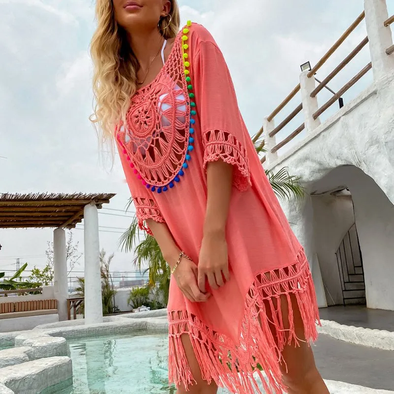 Southeast Asia Hand Crocheting Large round Stitching Loose-Fitting Tassel Vacation Beach Cover-up Spot