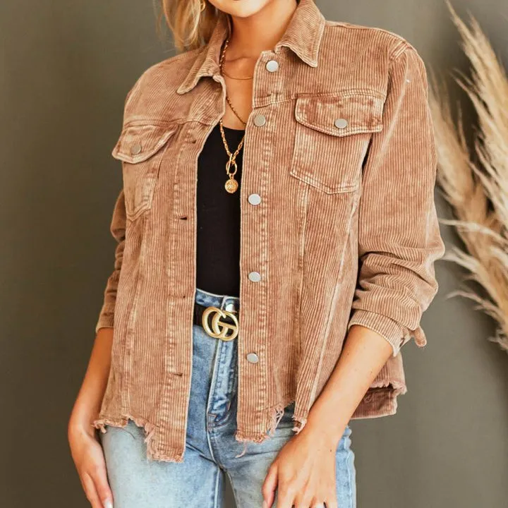 Spring Autumn Winter Corduroy Coat Women Pocket Ripped Jacket Coat