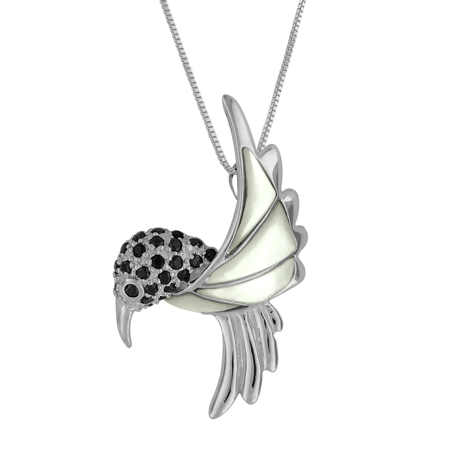 Sterling Silver Black Synthetic CZ Mother of Pearl Hummingbird Pendant Necklace, 16 2" Extender