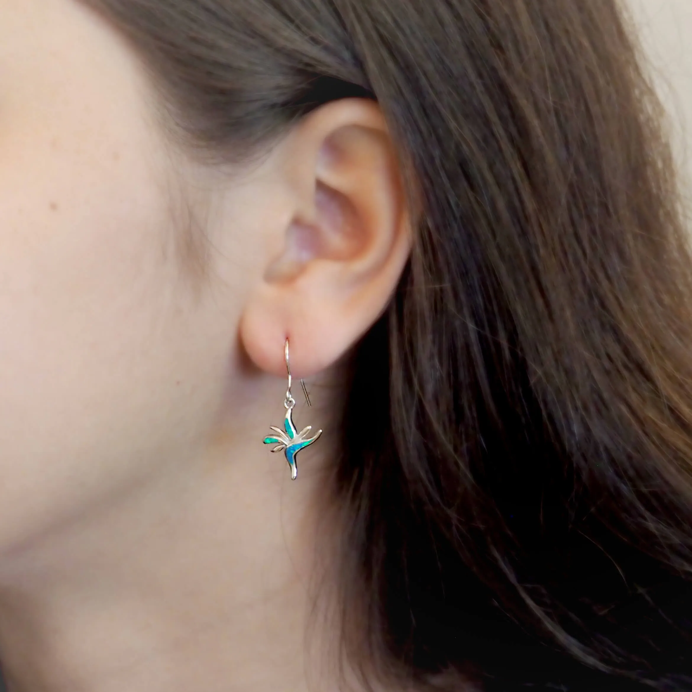 Sterling Silver Synthetic Opal Bird of Paradise Dangle Earrings