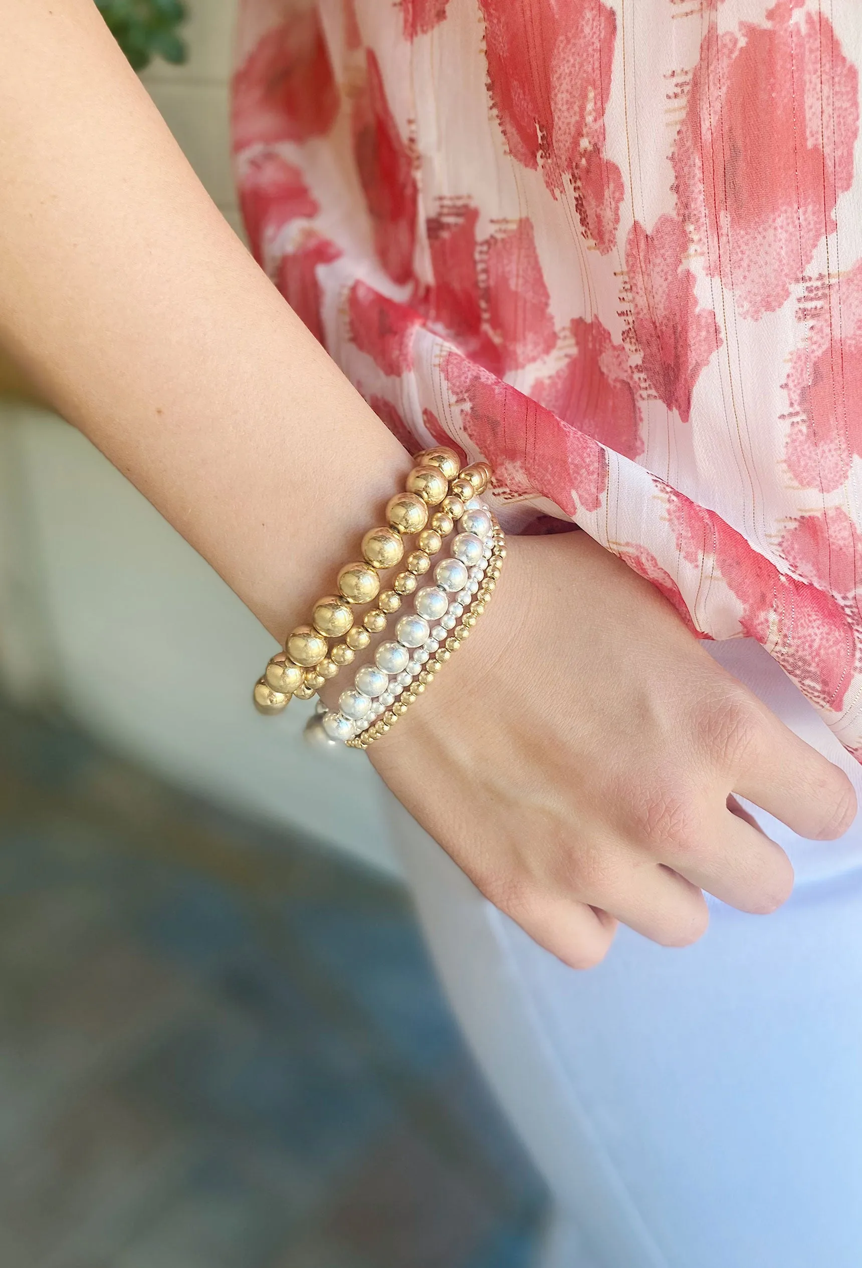 Stretchy Beaded Ball Bracelet Set in Matte Mixed Metals