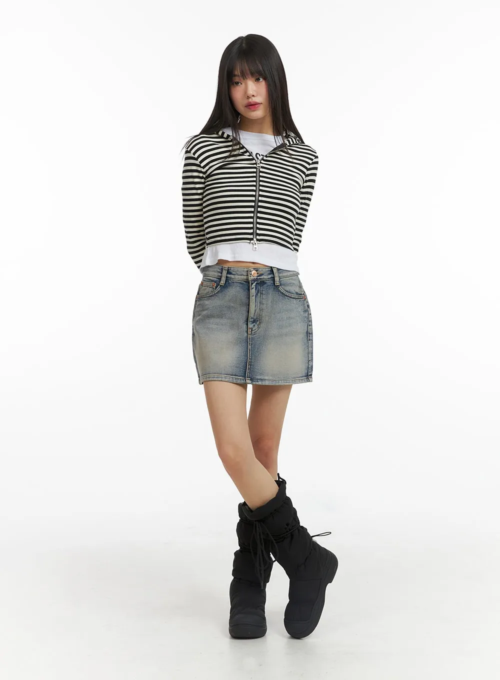 Stripe Hooded Crop Zip-Up Top CJ412