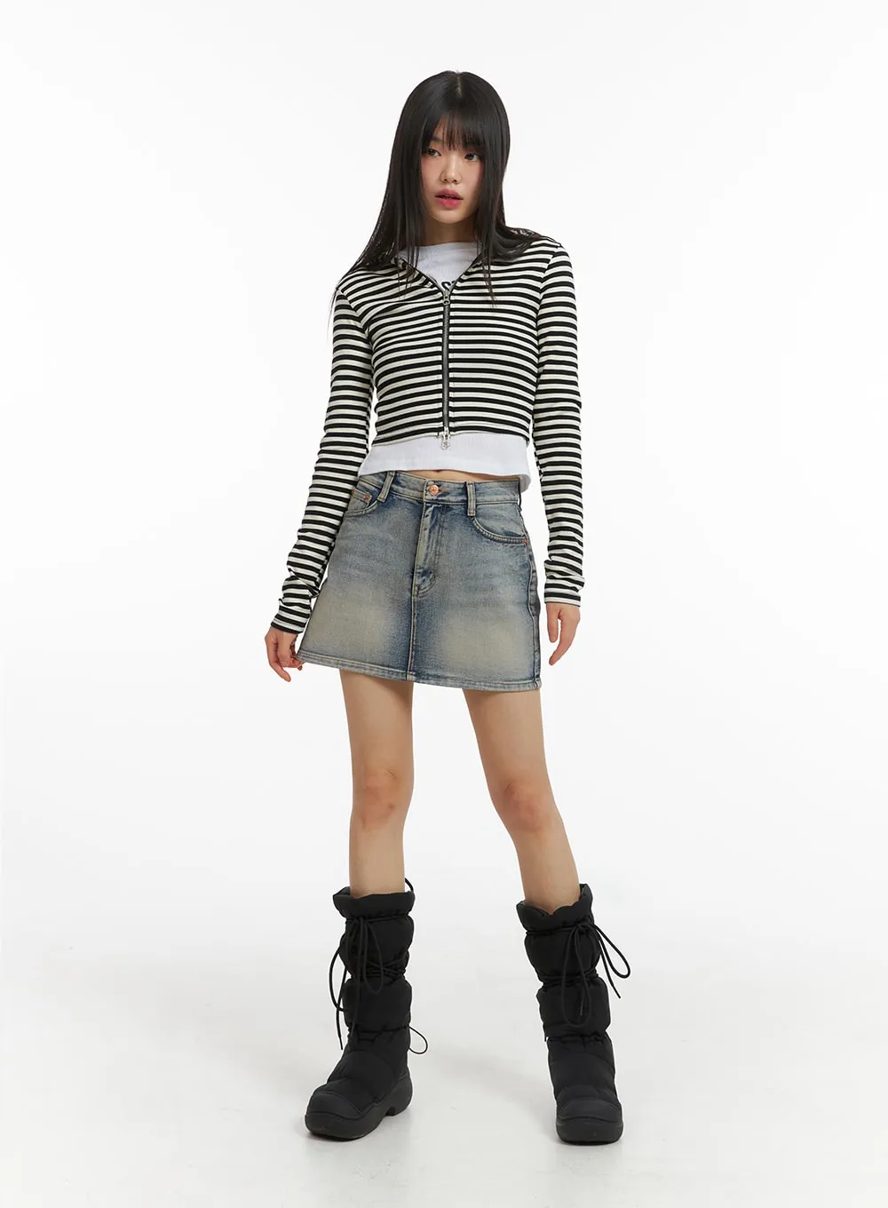 Stripe Hooded Crop Zip-Up Top CJ412