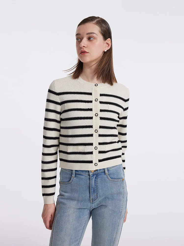 Striped Pearl Button Knitted Women Cardigan