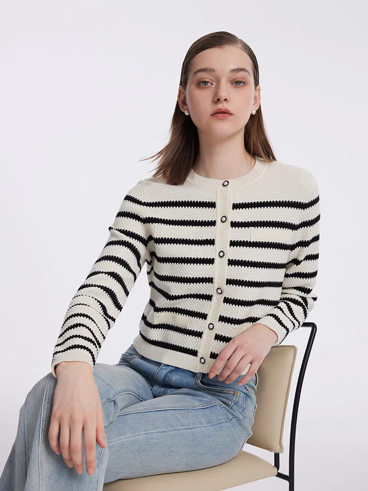 Striped Pearl Button Knitted Women Cardigan