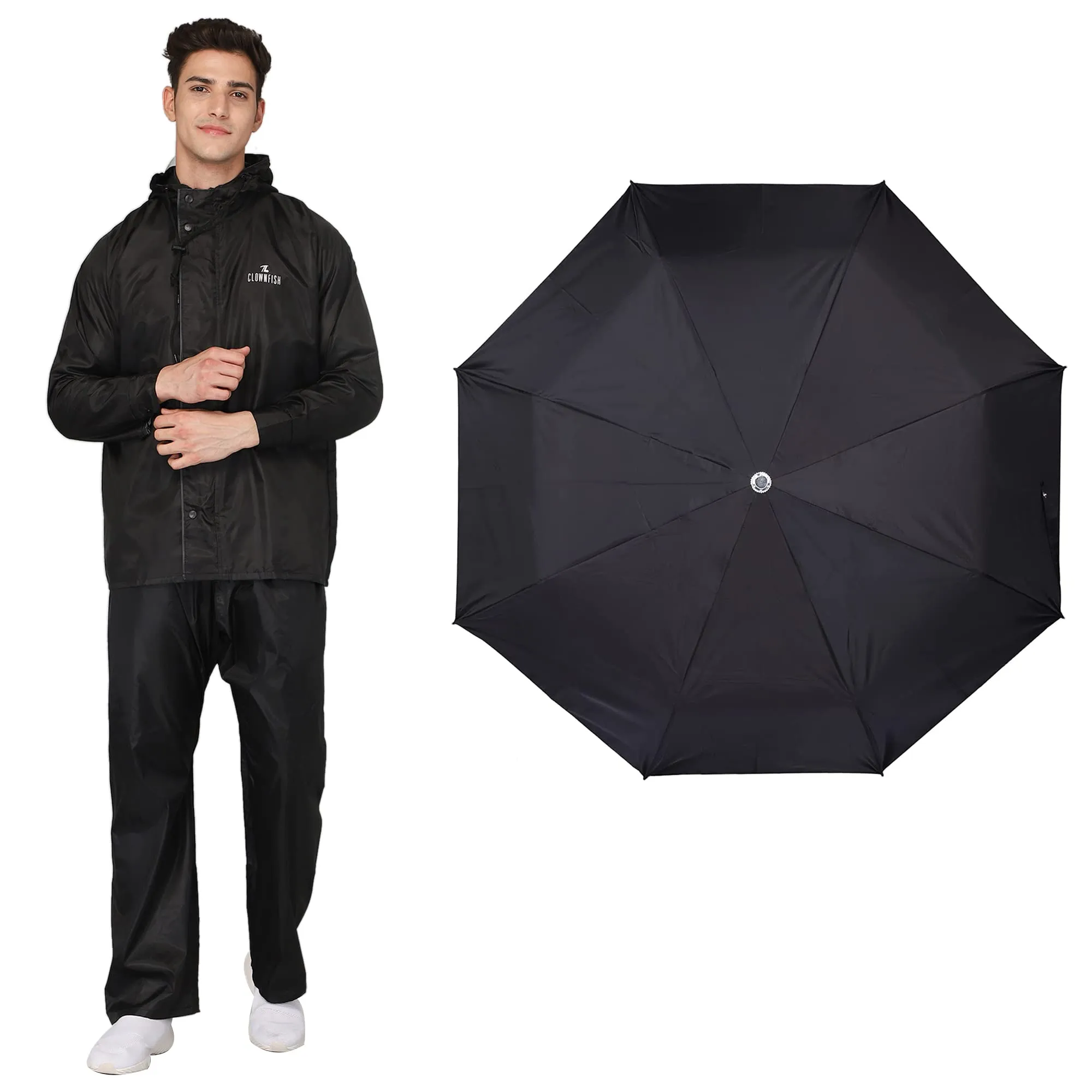 THE CLOWNFISH Combo Of Rain Coat for Men Waterproof Polyester (Black L) Umbrella Savior Series 3 Fold Waterproof Polyester (Black)