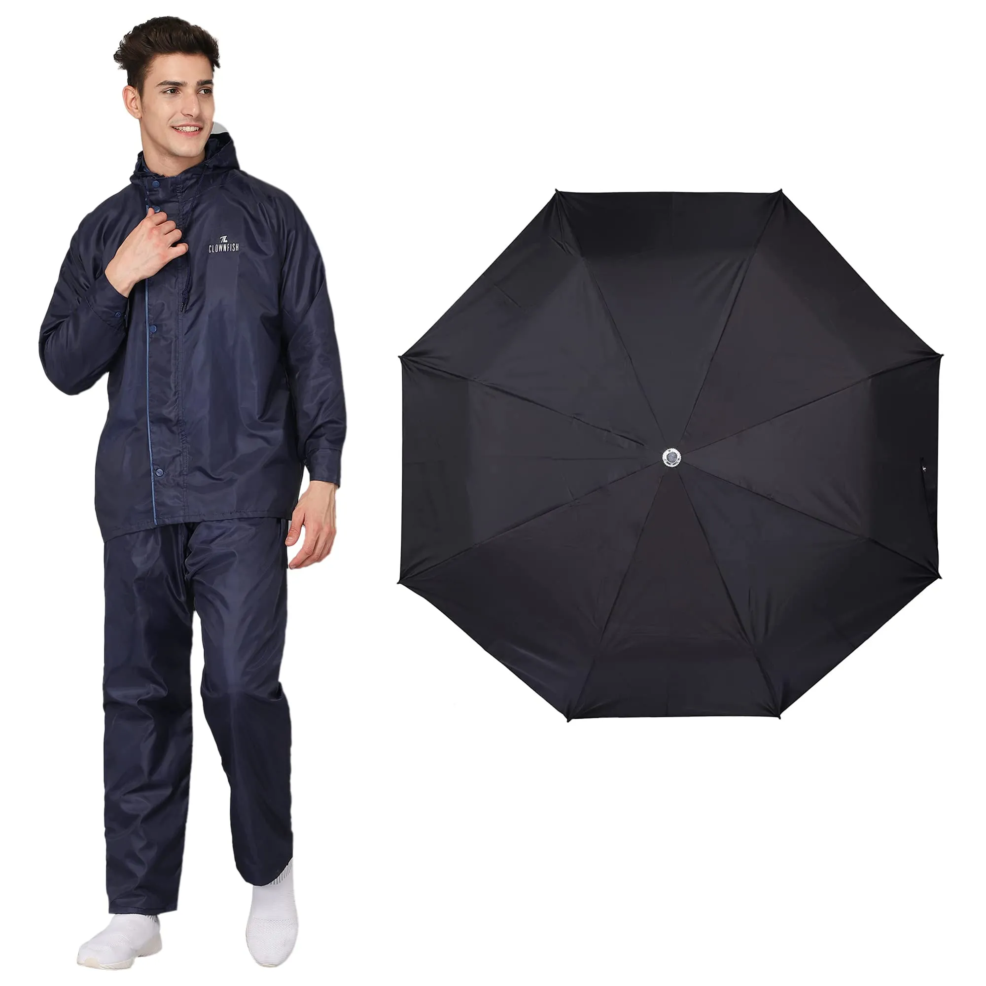 THE CLOWNFISH Combo Of Rain Coat for Men Waterproof Polyester (Blue 4XL) Umbrella Savior Series 3 Fold Waterproof Polyester (Black)