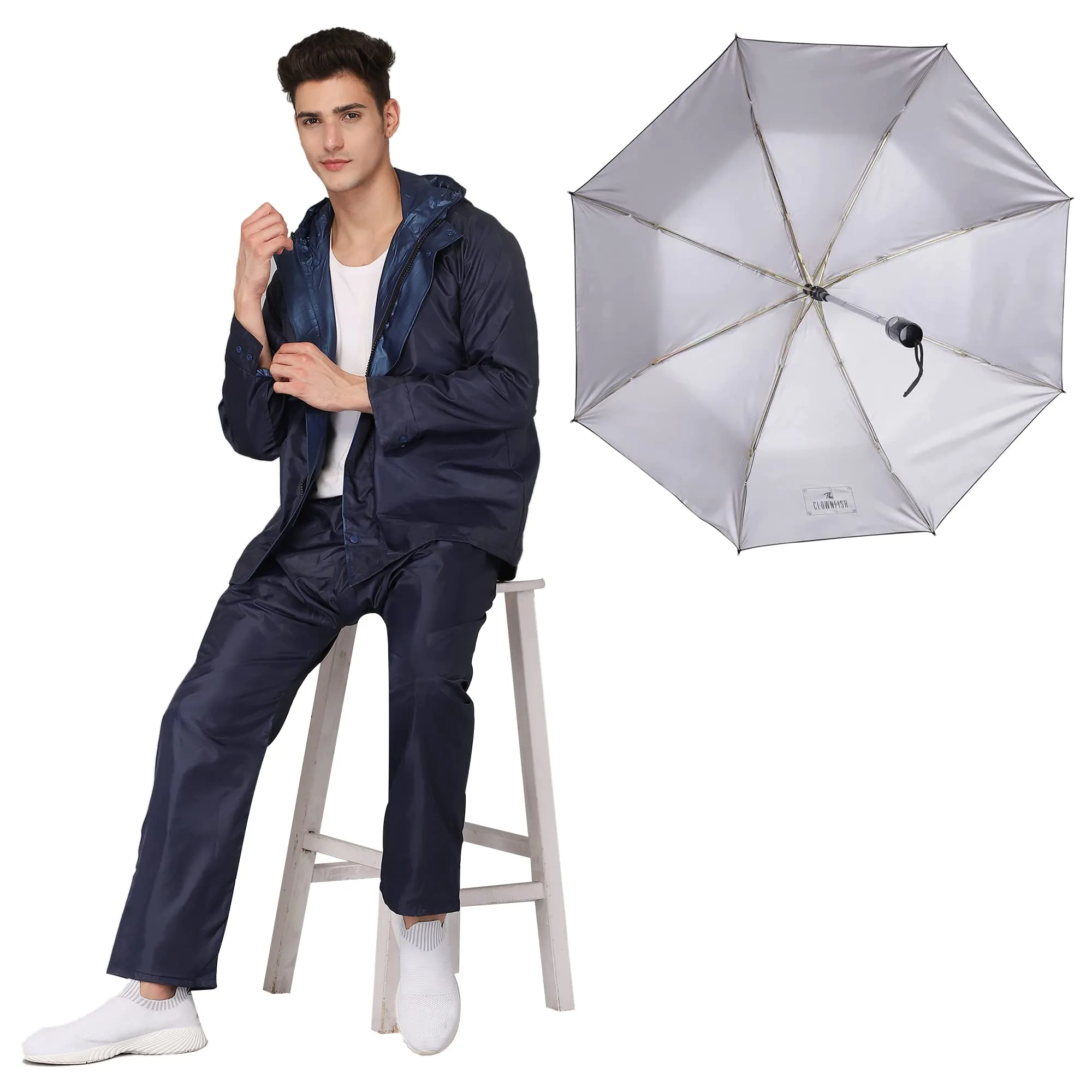 THE CLOWNFISH Combo Of Rain Coat for Men Waterproof Polyester (Blue 4XL) Umbrella Savior Series 3 Fold Waterproof Polyester (Black)