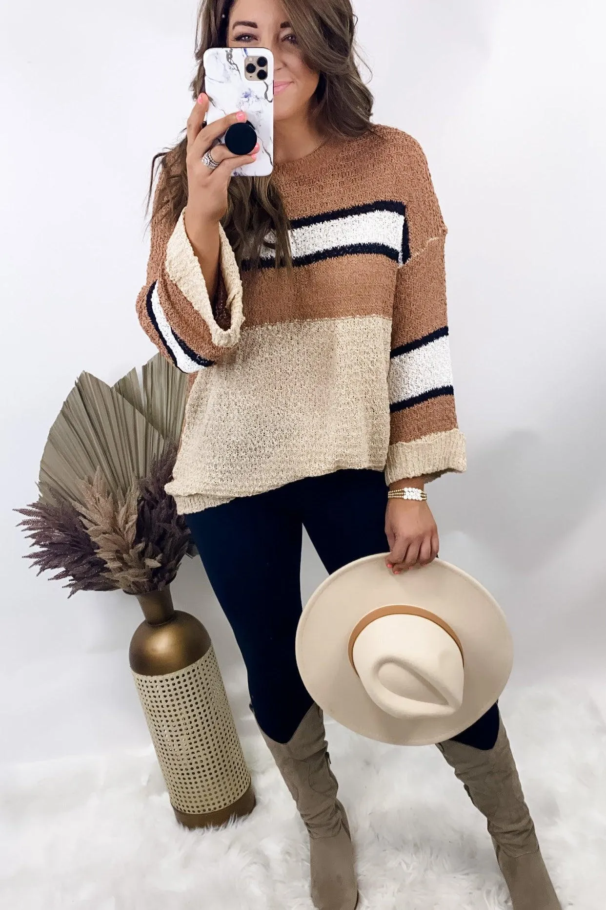 The Final Rose- {Pink/Cream & Olive/Tan} Striped Color Block Knit Sweater