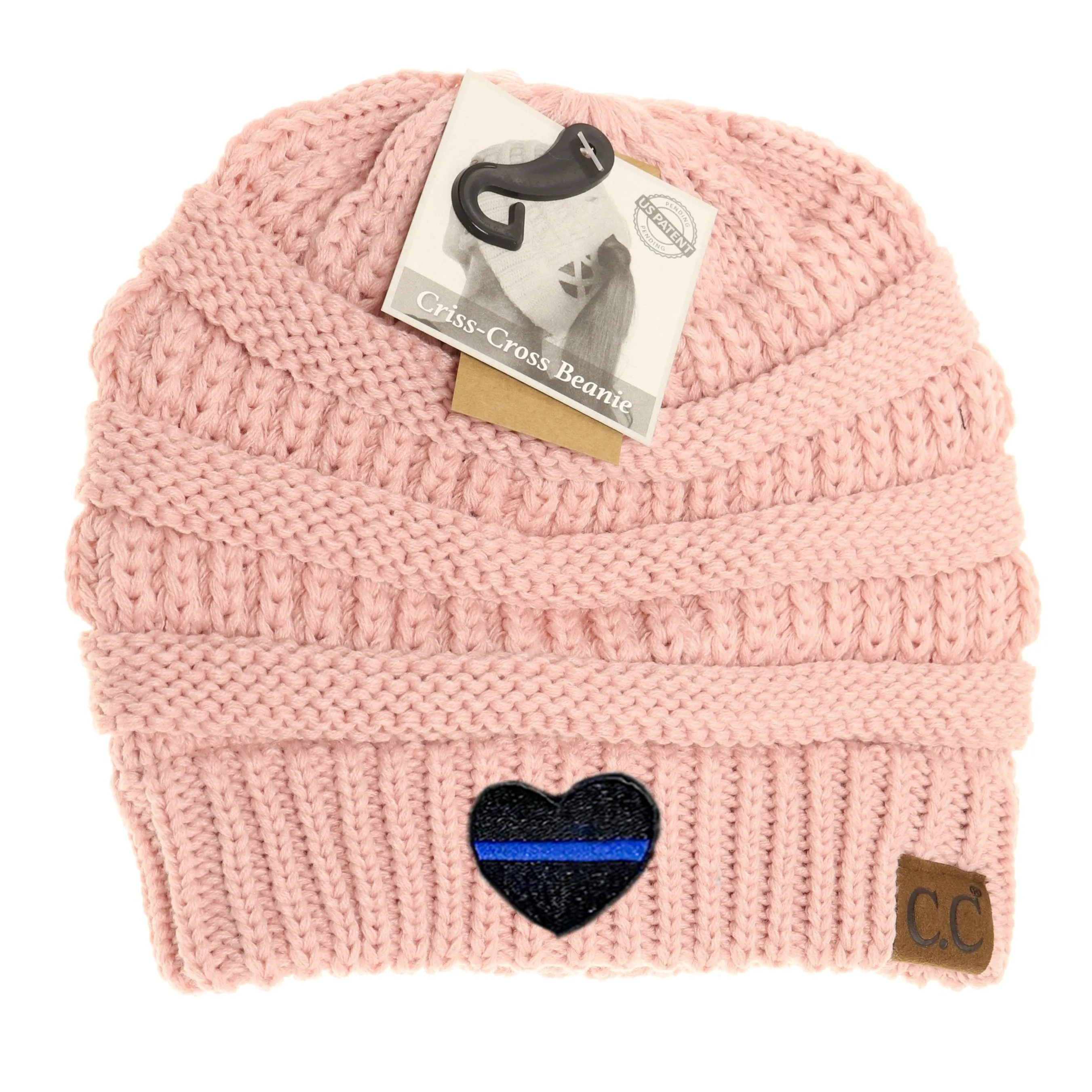 Thin Blue Line Heart Criss-Cross Knit Beanie