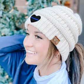 Thin Blue Line Heart Criss-Cross Knit Beanie