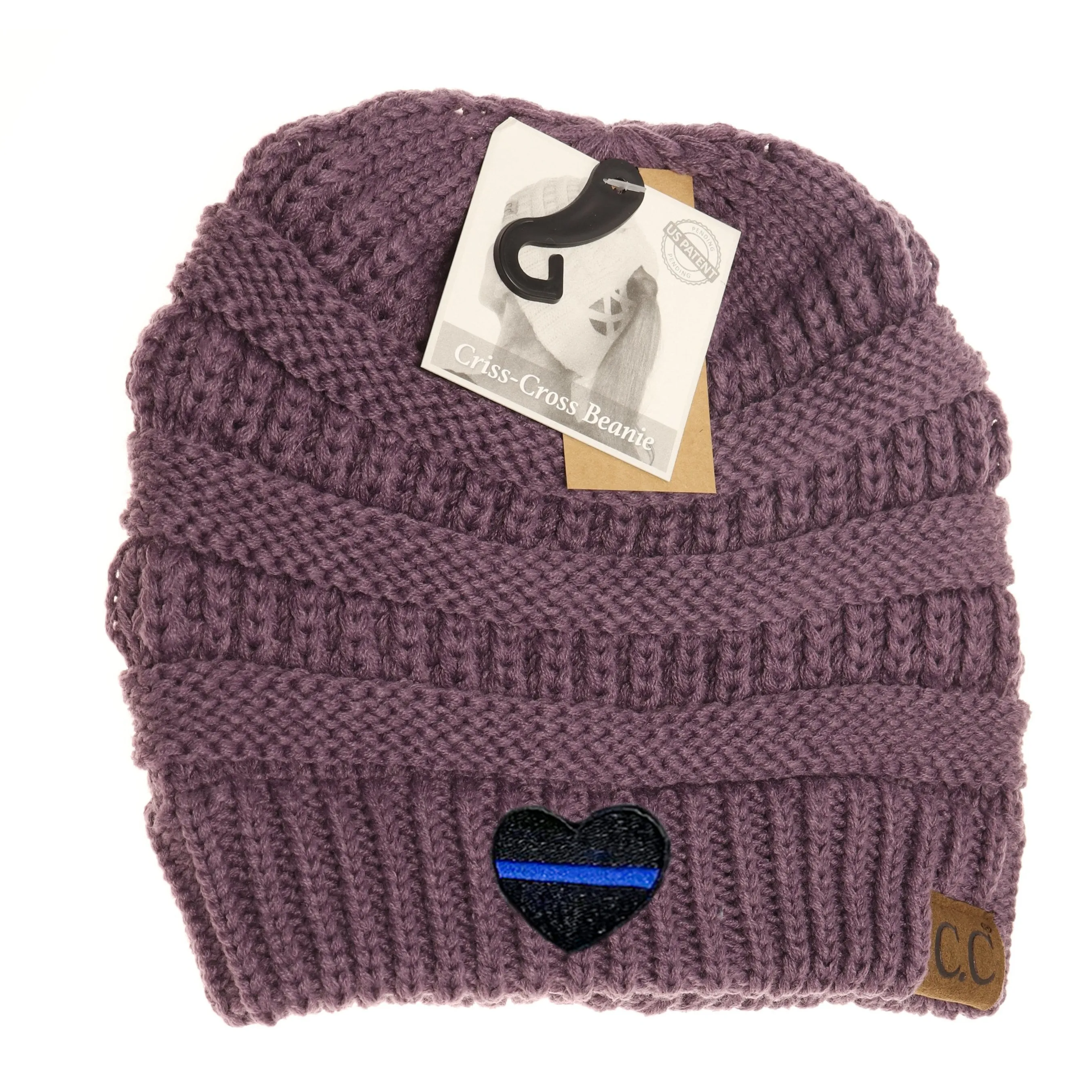 Thin Blue Line Heart Criss-Cross Knit Beanie