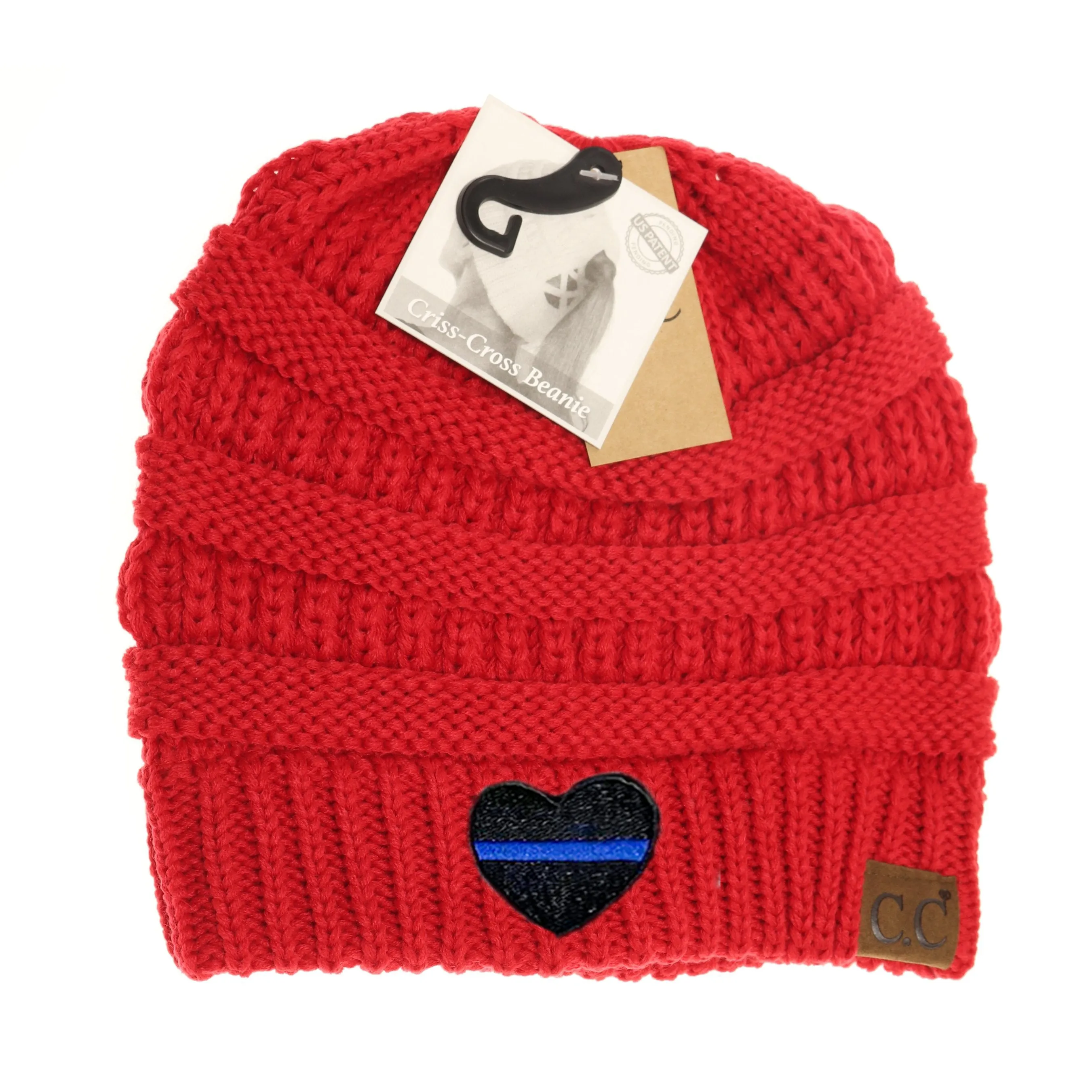 Thin Blue Line Heart Criss-Cross Knit Beanie