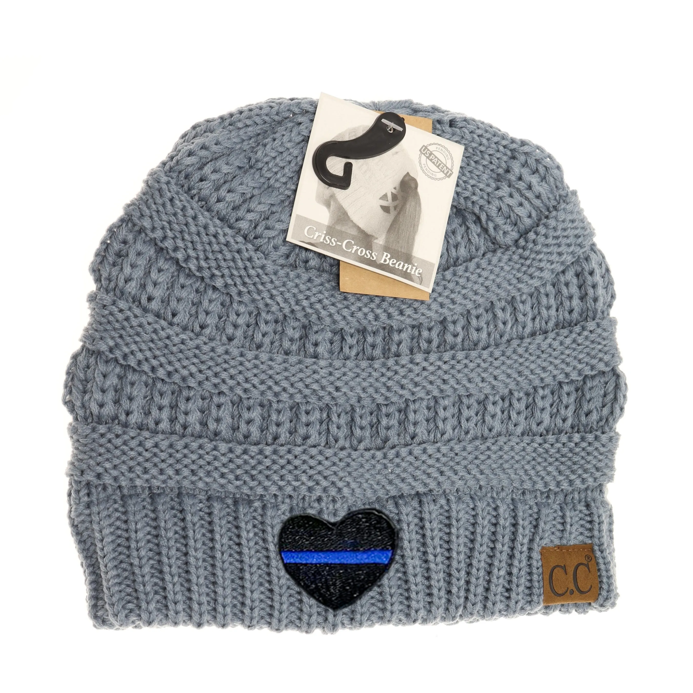 Thin Blue Line Heart Criss-Cross Knit Beanie