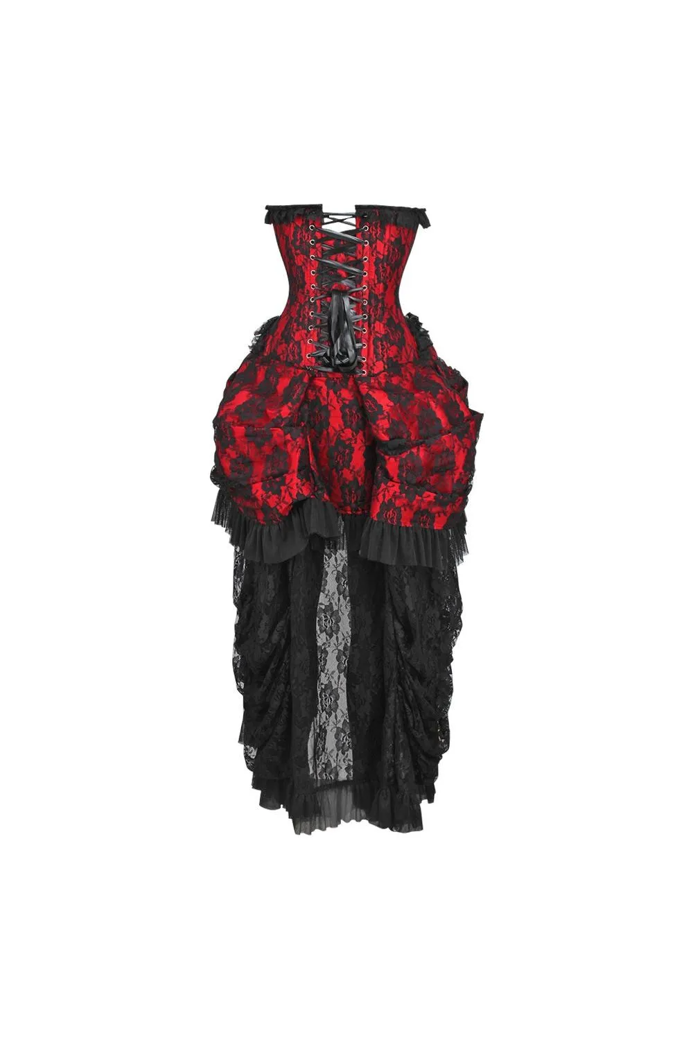 Top Drawer Steel Boned Red w/Black Lace Bustle Corset Dress