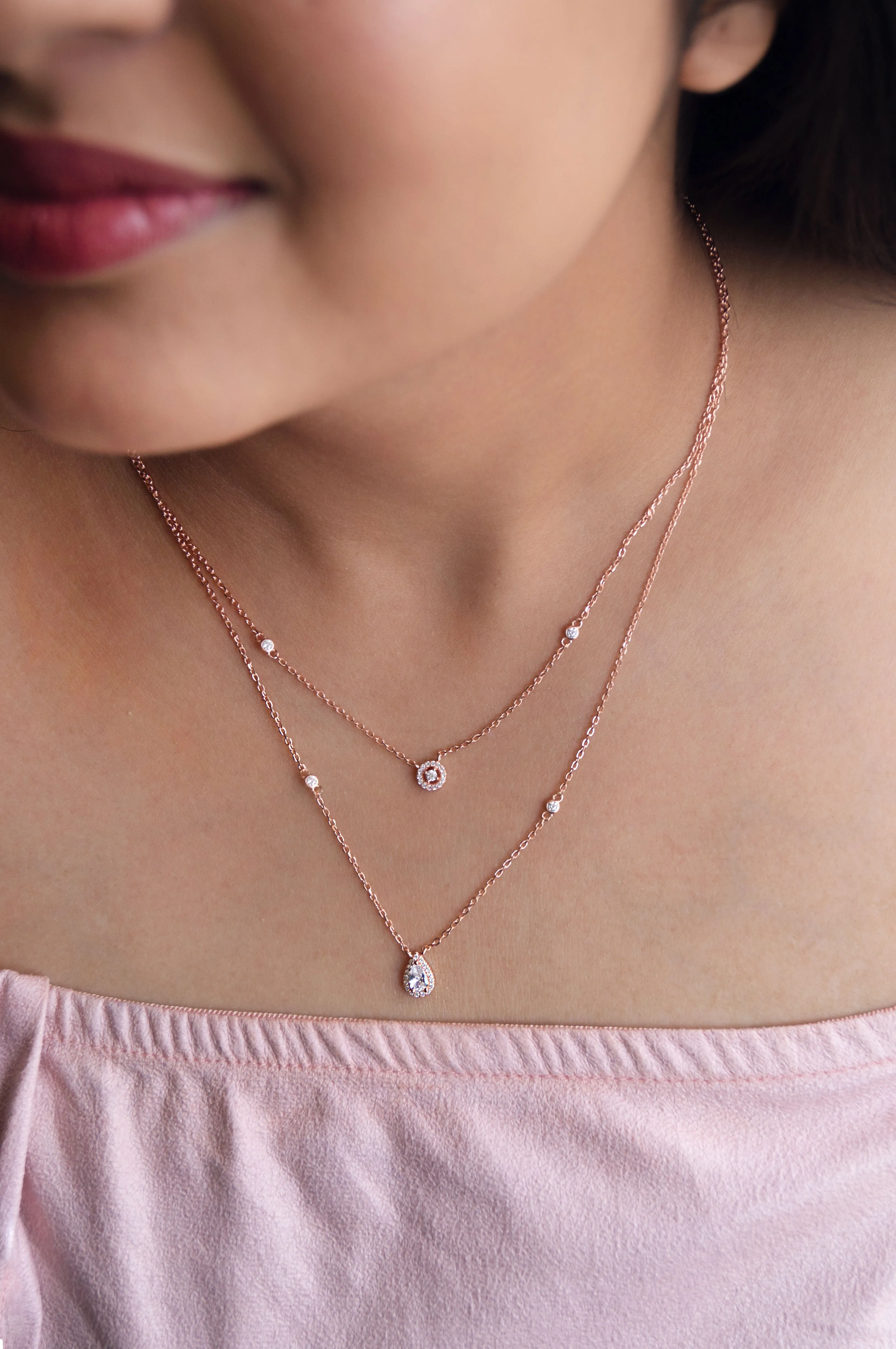 Trendy Dual Layered Solitaire Rose Gold Plated Sterling Silver Necklace Set