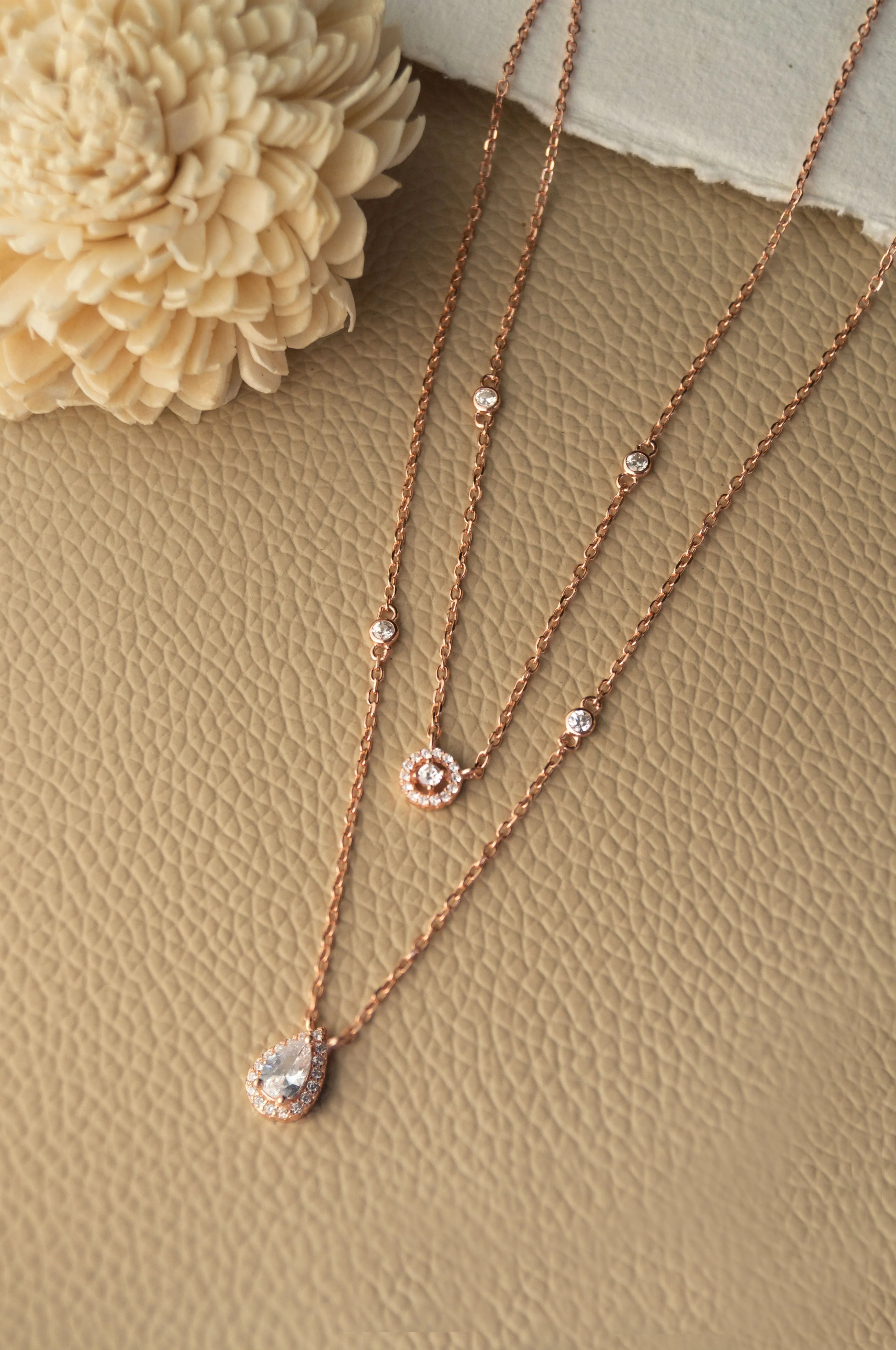 Trendy Dual Layered Solitaire Rose Gold Plated Sterling Silver Necklace Set