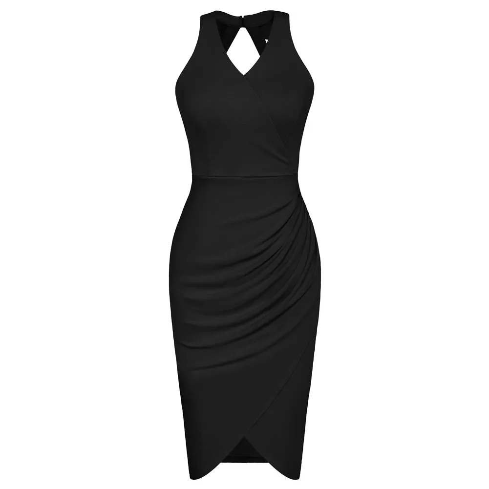 V Neck Wrap Dress Halter Sleeveless Ruched Bodycon Midi Cocktail Party Dresses