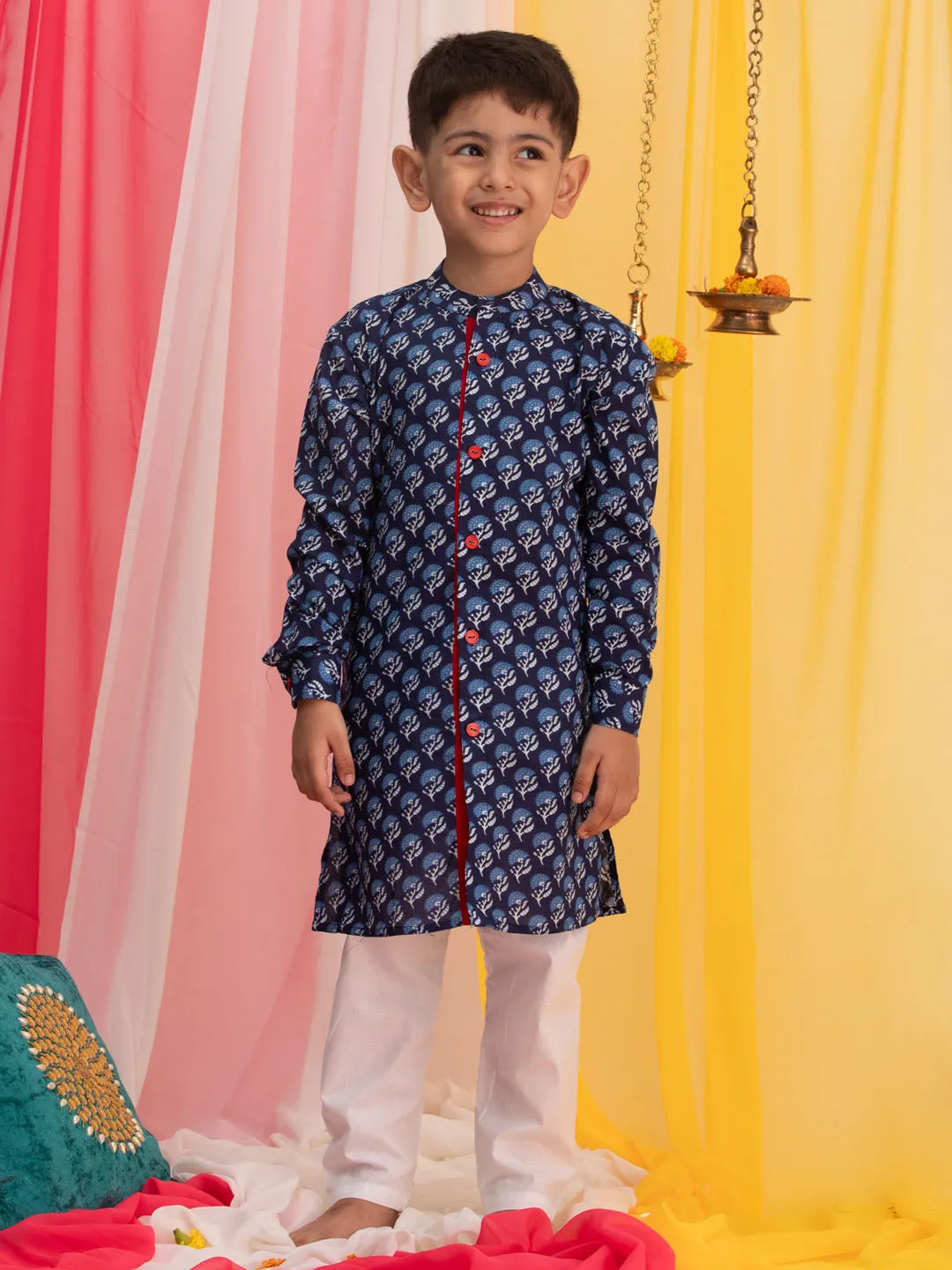 VASTRAMAY Boy's Blue Floral Printed Front Open Kurta with Pyjama Set