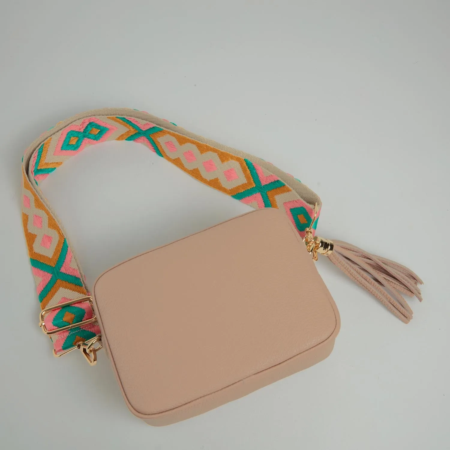 Verona Crossbody Tassel Blush Bag with Mustard and Pink Boho Strap