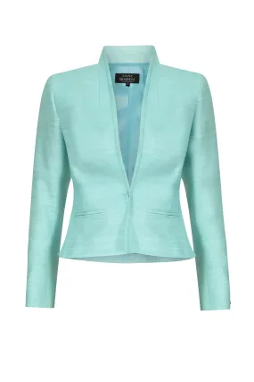 Waisted Edge-to-Edge Jacket in Plain Raw Silk in Aqua - Margo